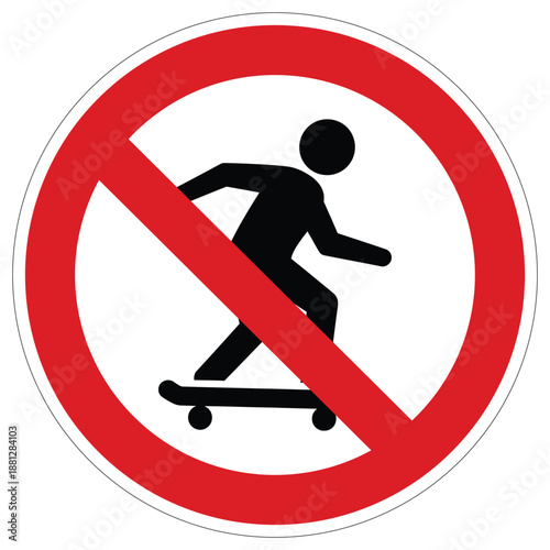 Prohibition sign depicting a stick figure person on a skateboard, signaling no skateboarding allowed