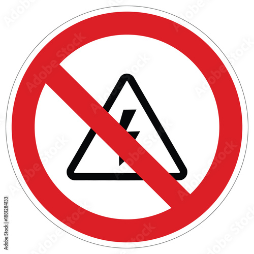 Prohibition sign displaying a crossed out lightning bolt symbol within a triangle indicating no electricity allowed