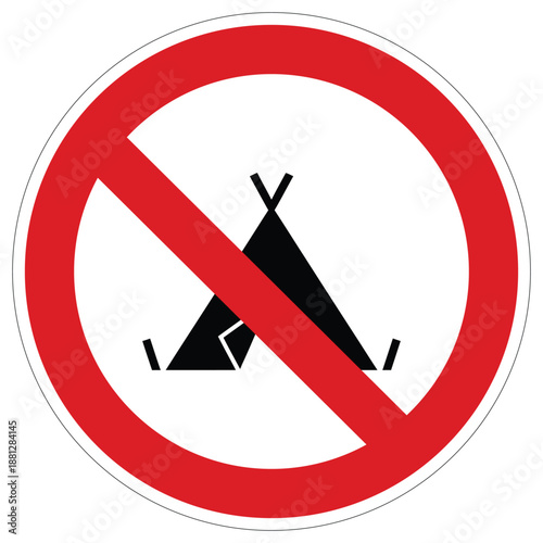 Prohibition sign displaying a crossed out tent symbol indicating no camping or overnight stay allowed