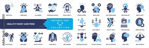 Healthy Body and Mind Icon Collection for Wellness, Mindfulness, Mental Balance, and Physical Recovery Collection
