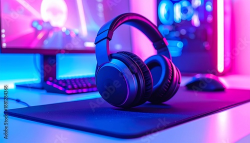 A gaming setup featuring headphones, peripherals, and computer components with vibrant, colorful lighting