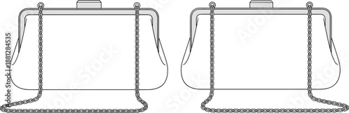 Women clutch handbag technical flat template showing front and back view with chain strap, fashion outline vector for accessory design, branding, and product illustration use