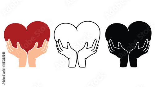 A graphic illustration of hands holding hearts in different colors and styles