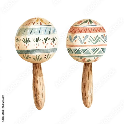 Watercolor illustration of two decorative maracas with tribal patterns.