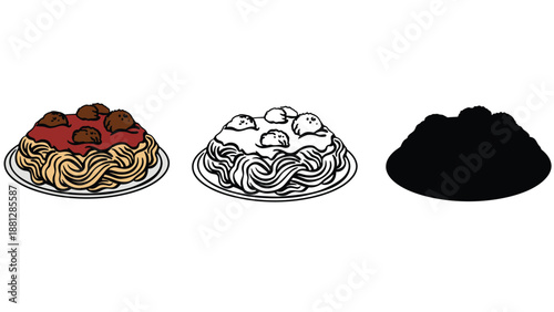 A colorful illustration of three plates of spaghetti in different styles