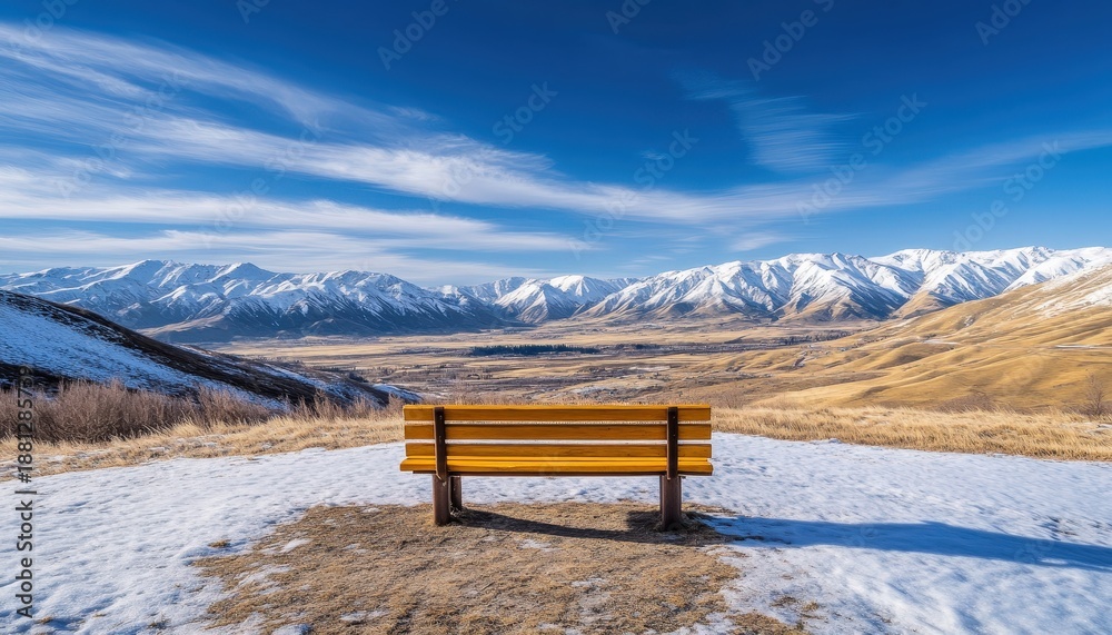 Naklejka premium Wooden park bench faces expansive vista of snowcapped mountains under brilliant blue sky