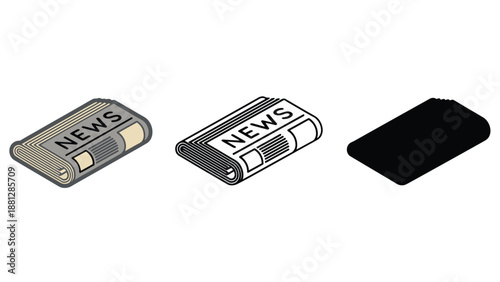 A smartphone displaying news next to rolled up newspapers on a white background