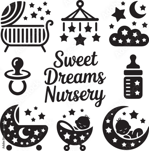 Baby icons, nursery room, sweet dream, crib bed, moon star, pacifier nipple, sleeping child, cute infant