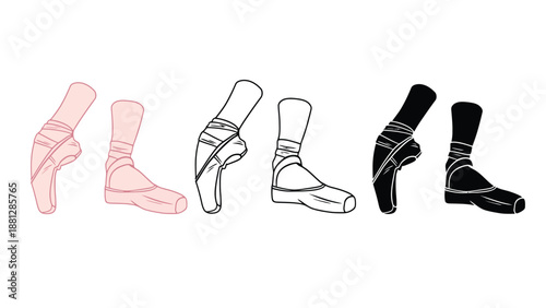 A set of ballet shoes in different colors and styles on a white background