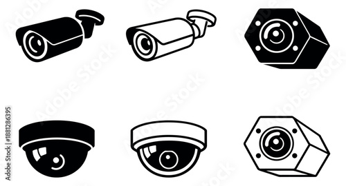 Solid and line art security camera icons set featuring various bullet and dome models for surveillance and protection