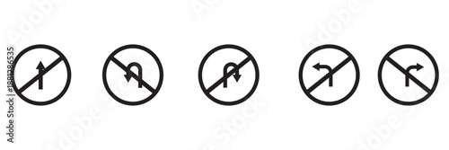 Set of black directional arrow icons including U turn, right turn, left turn, and straight arrows. Simple vector signs for traffic, navigation, and road directions