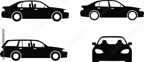 Black and white vector illustration set of car silhouettes, sedan and station wagon vehicle icons isolated on white background for automotive design graphics,