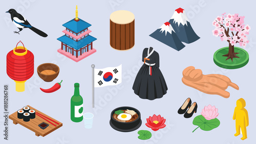 Isometric South Korea Cultural Icon Collection Featuring Traditional Hanbok, Korean Flag, Gimbap, Bibimbap, Pagoda, Cherry Blossoms, and Magpie Vector Illustration.