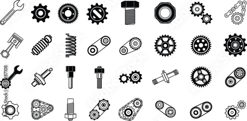 Black and white vector illustration set of mechanical spare parts icons, industrial engine components and automotive hardware silhouettes isolated on white background for engineering,