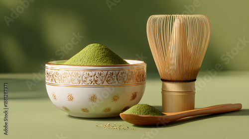  Fine green matcha powder; matcha in a cup,  bamboo whisk (chasen) and bamboo spoon (chashaku) placed neatly clear and empty for packaging; soft directional light.