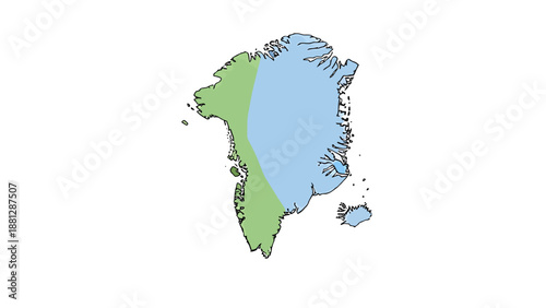 Geographic Map Illustration of Greenland Showing Ice Sheet and Land Mass With White Background