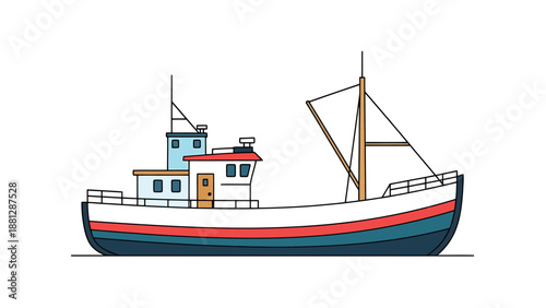 Commercial Fishing Vessel With Outriggers And Modern Cabin On White Background Vector Art For Nautical Industry Concepts