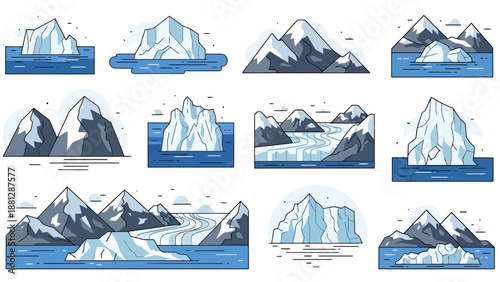 Collection of Stylized Icebergs and Glacial Mountain Landscapes Featuring Clean Geometric Shapes and Cool Tones