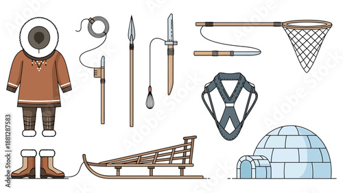 Arctic Dweller Lifestyle and Survival Gear Collection Including Igloo Sled and Traditional Tools