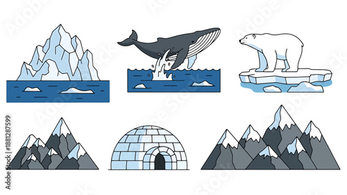 Arctic Wildlife and Landscape Icons Collection Featuring Polar Bear Whale Iceberg Mountains and Igloo For Nature Conservation Or Exploration Concepts