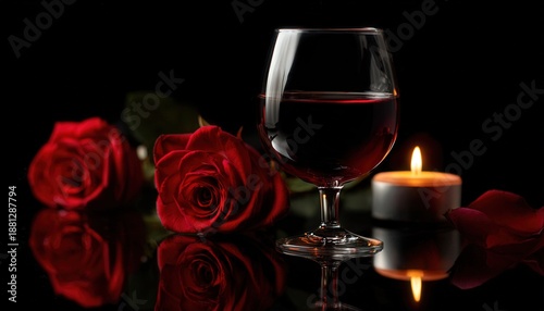 Deep red wine rests beside lush roses and a flickering candle in a dramatic setting