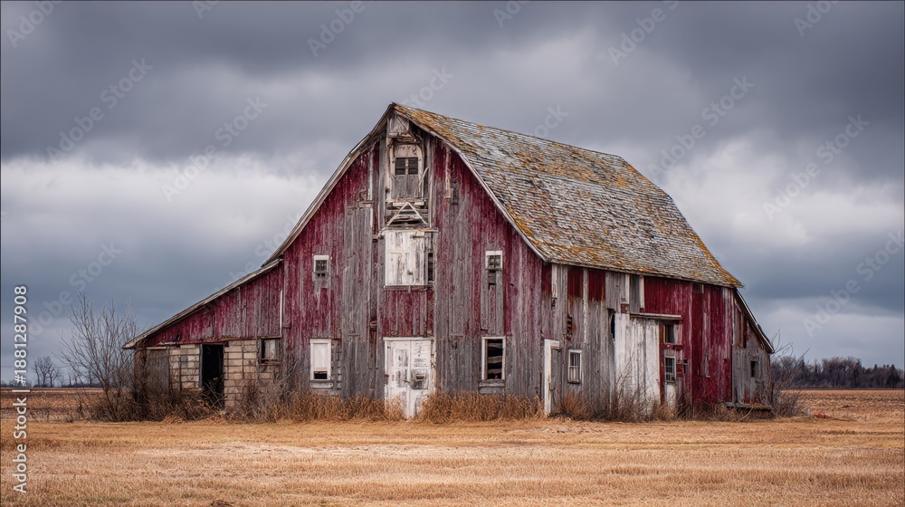 Obraz premium Weathered Red Barn Surrounded by Fields Under Dramatic Gray Sky