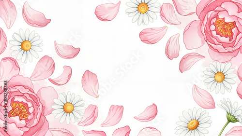 Pink watercolor background with scattered daisies and peony petals creating a gentle spring atmosphere