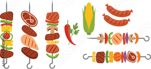 Grilled barbecue skewers vector illustration set with meat vegetables sausages corn and kebabs isolated on white