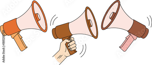 Megaphone announcement vector illustration set with hand holding loudspeaker for marketing protest promotion and public communication