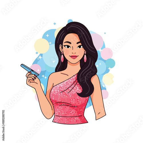 A woman in a pink dress holding a phone