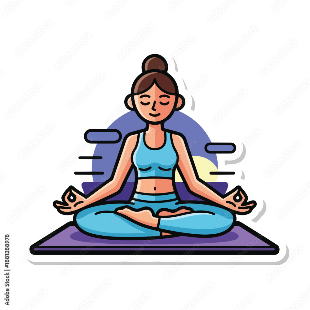 Obraz premium A woman in blue workout attire meditates on a purple mat