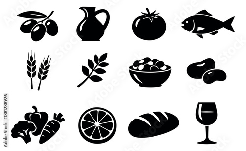 Simple food and drink icons set featuring common meal ingredients for nutrition and cooking