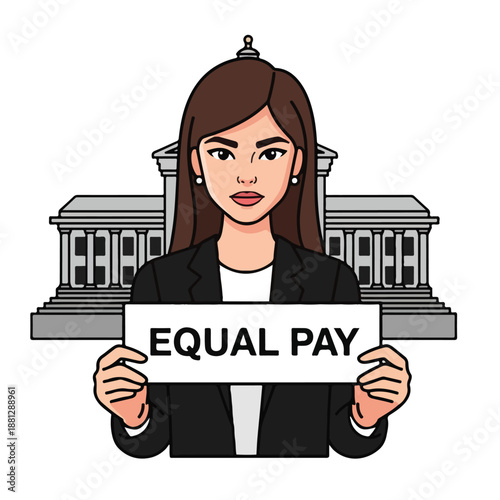 A woman in business attire holds an equal pay sign