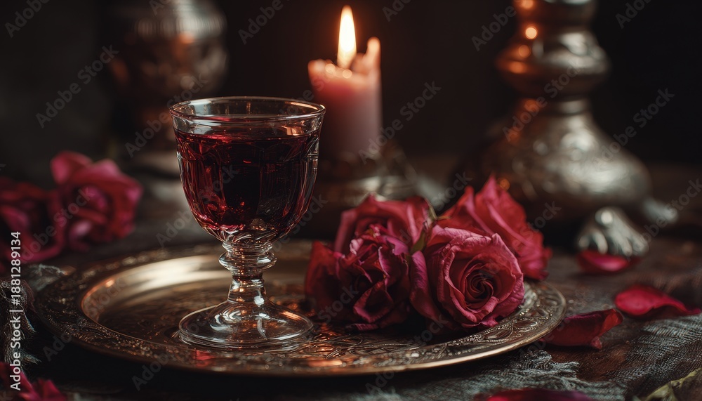 Fototapeta premium Deep crimson liquid rests in an ornate glass beside dark red roses illuminated by candlelight.