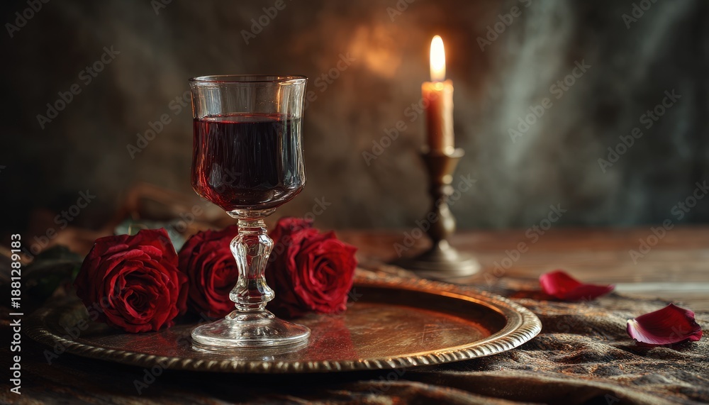 Naklejka premium Dark red beverage rests beside deep crimson roses illuminated by soft candlelight