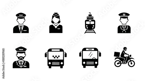 Delivery People and Vehicles Icons.