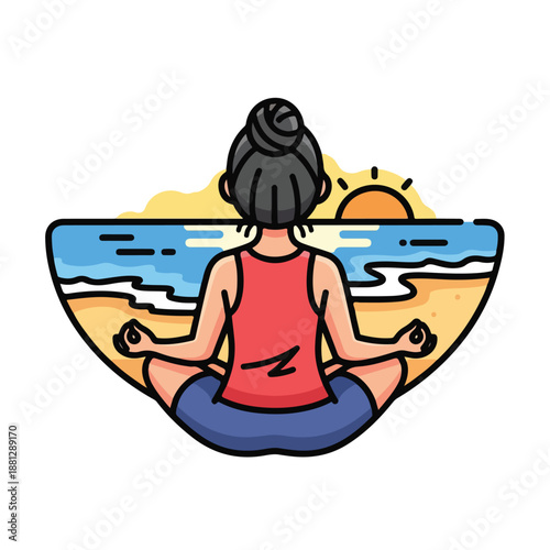 A woman meditates on a beach at sunset