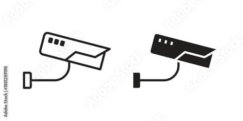 Security camera icons collection. Thin linear and black flat icons