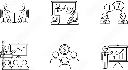 Business meeting and presentation outline icons set, discussion training finance growth teamwork, modern black line illustration