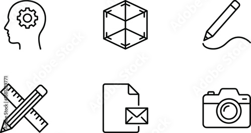 Creative and productivity outline icons set, idea design pencil document mail camera tools, modern black line symbols