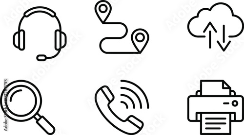 Customer support and communication outline icons set, headset route cloud sync search call printer, modern line symbols