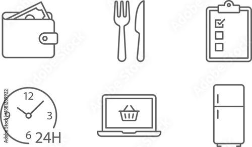 Daily lifestyle and service outline icons set, wallet cutlery checklist clock ecommerce fridge, modern thin line symbols