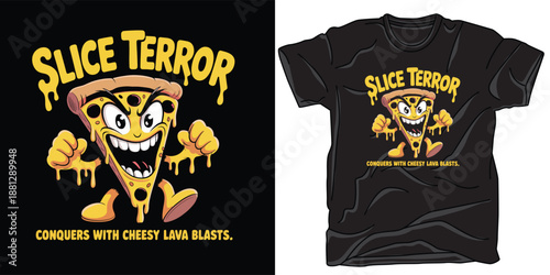 Angry pizza slice monster character with dripping cheese and aggressive facial expression on black background