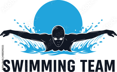 Butterfly stroke swimmer emblem with blue sun and bold SWIMMING TEAM text for sports branding and team identity