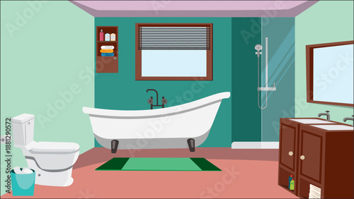 Washroom Bath Tub Interior Front View Glass Shower Cubicle Toilet Clipart Illustration