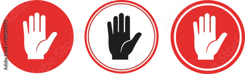 Collection of stop hand signal icons, danger warning symbols, safety precaution signs, and restricted access vector graphics for security.
