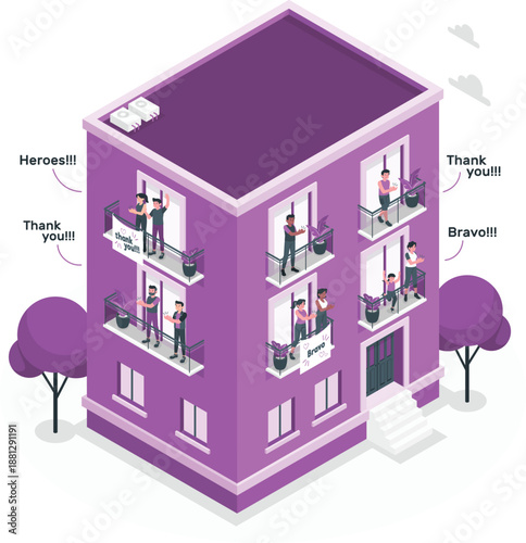 A 3D isometric illustration of people on balconies in a purple building with trees outside, viewed from an angle.