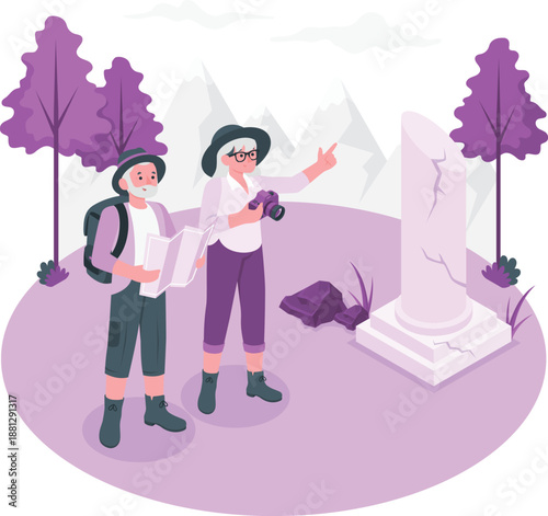 Two women exploring ancient monument in a serene landscape with trees and mountains