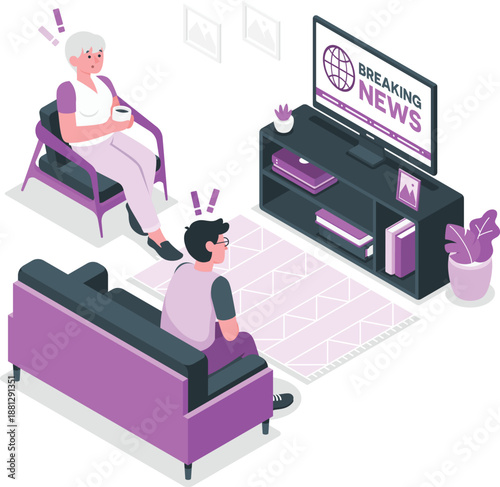 Man and elderly woman watching breaking news on television together in living room