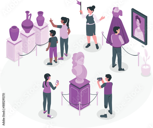 Visitors admiring and photographing artwork in a modern art gallery from various viewpoints